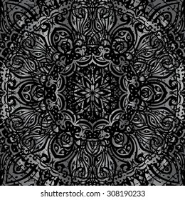 Silver mandala on black background. Ethnic vintage pattern.