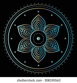 Silver mandala on black background. Ethnic vintage pattern.