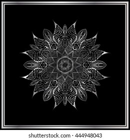 Silver mandala on black background. Mandala art.