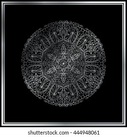 Silver mandala on black background. Mandala art.
