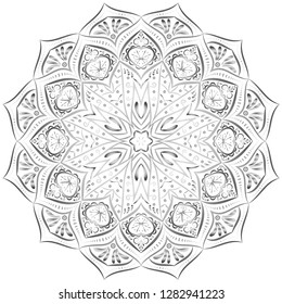 Silver mandala pattern on white background.