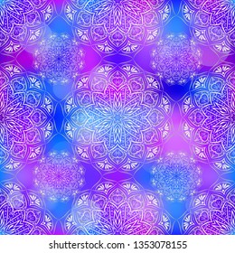 Silver mandala seamless pattern. Blue and purple gradient background. Boho colorful vector illustration.