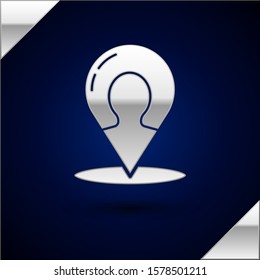 Silver Map marker with a silhouette of a person icon isolated on dark blue background. GPS location symbol.  Vector Illustration