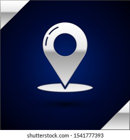 Silver Map pin icon isolated on dark blue background. Navigation, pointer, location, map, gps, direction, place, compass, contact, search concept.  Vector Illustration