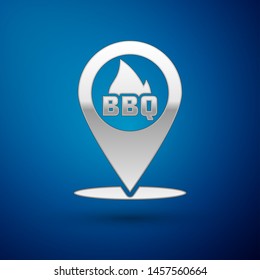 Silver Map pointer with barbecue icon isolated on blue background. Fire flame icon. Barbecue and BBQ grill symbol. Vector Illustration
