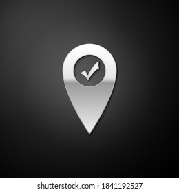 Silver Map pointer with check mark icon isolated on black background. Marker location sign. Tick symbol. For location maps. Sign for navigation. Long shadow style. Vector.