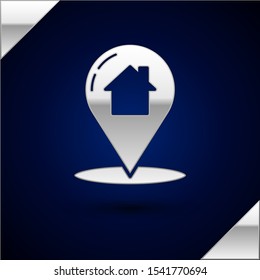 Silver Map pointer with house icon isolated on dark blue background. Home location marker symbol.  Vector Illustration