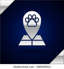 Silver Map pointer with veterinary medicine hospital, clinic or pet shop for animals icon isolated on dark blue background. Veterinarian clinic.  Vector Illustration