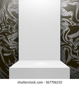 Silver marbled abstract texture.Silver background.Luxury trendy background.Illuminated stage podium for presentation.Empty white podium Isolated on luxury silver marble background.Vector glitter wall