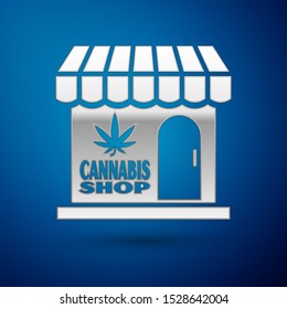 Silver Marijuana and cannabis store icon isolated on blue background. Equipment and accessories for smoking, storing medical cannabis.  Vector Illustration