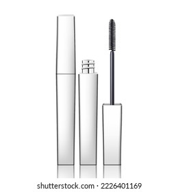 Silver mascara tube and a wand applicator. Cosmetic black bottle with eyelash brush. Isolated on white background. Realistic vector for web design, banners, posters, ad, advertising.