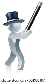 Silver mascot magician cartoon of a man with a wand and top hat