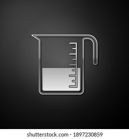 Silver Measuring Cup To Measure Dry And Liquid Food Icon Isolated On Black Background. Plastic Graduated Beaker With Handle. Long Shadow Style. Vector.