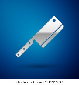 Silver Meat chopper icon isolated on blue background. Kitchen knife for meat. Butcher knife. Vector Illustration