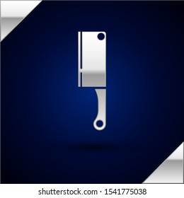 Silver Meat chopper icon isolated on dark blue background. Kitchen knife for meat. Butcher knife.  Vector Illustration