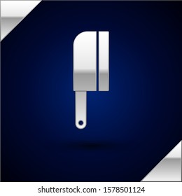 Silver Meat chopper icon isolated on dark blue background. Kitchen knife for meat. Butcher knife.  Vector Illustration