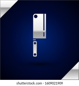 Silver Meat chopper icon isolated on dark blue background. Kitchen knife for meat. Butcher knife.  Vector Illustration