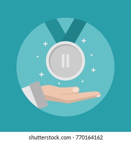 Silver Medal for 2nd place in hand. Award for Winner. Medallion with Ribbon. Achievement, Victory, Sport Concept. Vector Illustration Flat Style Design