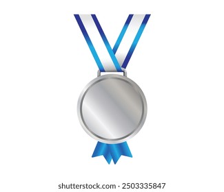 Silver Medal. 2nd place medal. Sport and champion element. Champion and winner awards medal set with blue ribbon