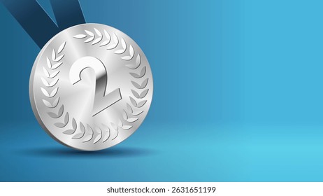 Silver medal awards copy space background for tournament winner. Vector silver medal with blue ribbons isolated on blue background. The second place on sport tournament, victory concept prize