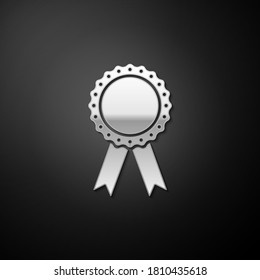 Silver Medal badge with ribbons icon isolated on black background. Long shadow style. Vector.