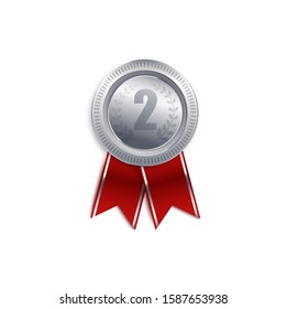 Silver medal badge for second place, round metal runner up award symbol with red ribbon isolated on white background. Runner up trophy design, realistic 3d vector illustration