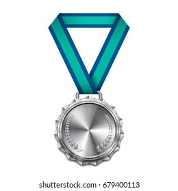 Silver medal with blue ribbon. Metallic winner award. Vector illustration.