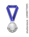 Silver medal with blue ribbon second place vector illustration. Realistic isolated trophy medal with metal reward badge for winners and champions.