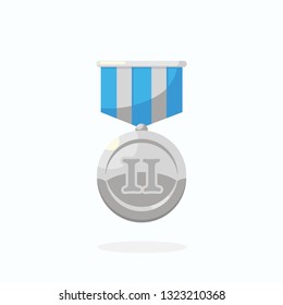 Silver medal with blue ribbon for second place. Trophy, winner award isolated on white background. Badge icon. Sport, business achievement, victory concept. Vector flat design