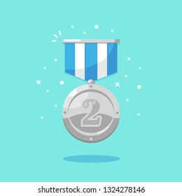 Silver medal with blue ribbon for second place. Trophy, winner award isolated on background. Badge icon. Sport, business achievement, victory concept. Vector flat design
