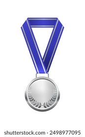 Silver medal with blue ribbon second place vector illustration. Realistic isolated trophy medal with metal reward badge for winners and champions.