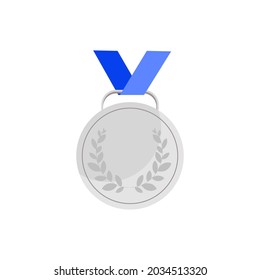 Silver medal with blue ribbon. Vector illustration.Olympics.