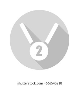 Silver medal flat design long shadow glyph icon. 2nd place medal. Vector silhouette illustration