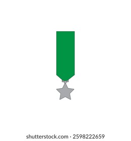 Silver medal with green ribbon vector illustration on white background. Sports medal