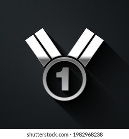 Silver Medal icon isolated on black background. Winner symbol. Long shadow style. Vector