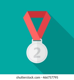 Silver medal icon with long shadow. Flat design style. Silver medal simple silhouette. Modern, minimalist icon in stylish colors. Web site page and mobile app design vector element.