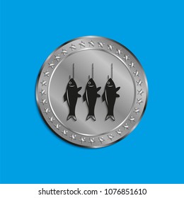 Silver medal with the image of fish on the hooks. Vector illustration in several tones.