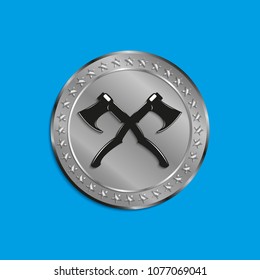 Silver medal with the image of two axes. Vector illustration in several tones.