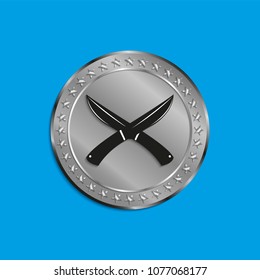 Silver medal with the image of two knives. Vector illustration in several tones.