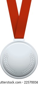 Silver medal mockup. Shiny metal trophy on red ribbon