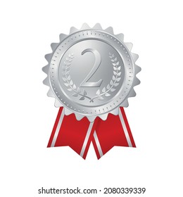 Silver medal with number and red Ribbon. eps 10 Vector Illustration.