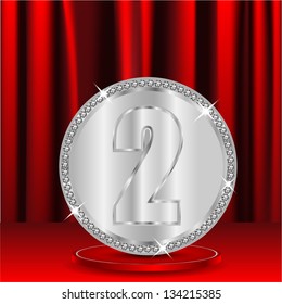 silver medal with a number two on a background red window shades