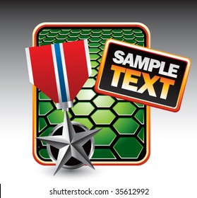 silver medal on green hexagon banner