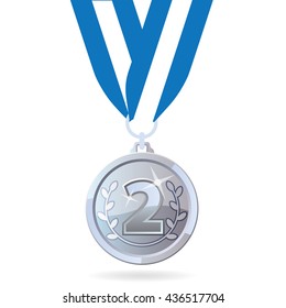 Silver Medal on ribbon. Medal with number 2 and 3d effect. vector illustrator