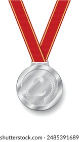 Silver medal Realistic shiny with red ribbon. second place silver trophy award with No.2 and laurel wreath. glossy silver coin Prize in sport for runner-up in competition vector illustration.