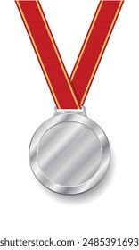 Silver medal Realistic shiny with red ribbon. second place silver trophy award. glossy silver coin Prize in sport for runner-up in competition vector illustration isolated on white background.