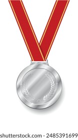 Silver medal Realistic shiny with red ribbon. second place silver trophy award with laurel wreath. glossy silver coin Prize in sport for runner-up in competition vector illustration.