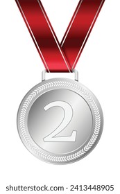 Silver medal. Silver medal with red ribbon. Design winner golden medal prize. Champion winner award medal