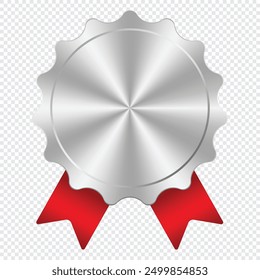 Silver medal. Silver medal with red ribbon. Design winner silver medal prize. Red ribbon award with silver medal. Vector illustration