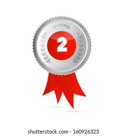 Silver Medal With Red Ribbon Isolated on White Background
